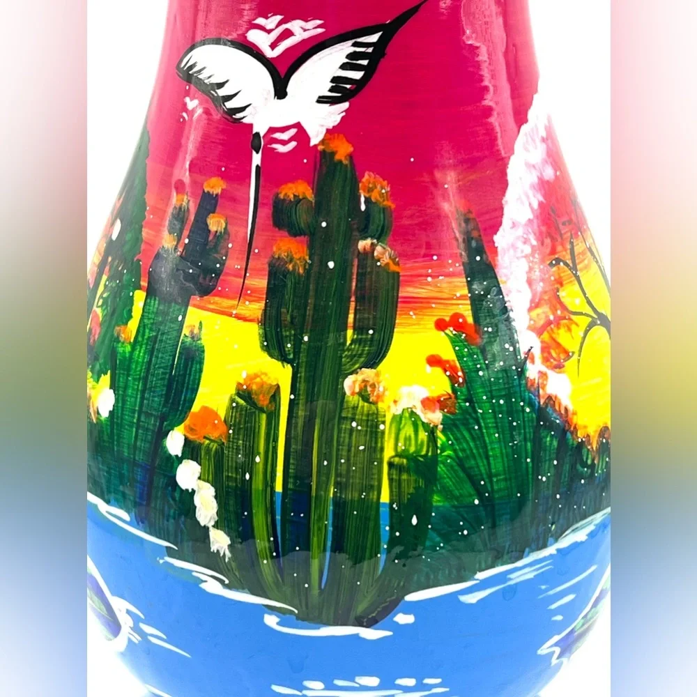 Mexican Talavera Folk Art Handpainted Colorful Flower Decorative Vase 8.5 in